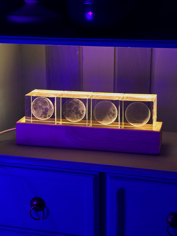 دکوری شب خواب چراغ خواب شیشه ای رومیزی چوبی ماه کامل