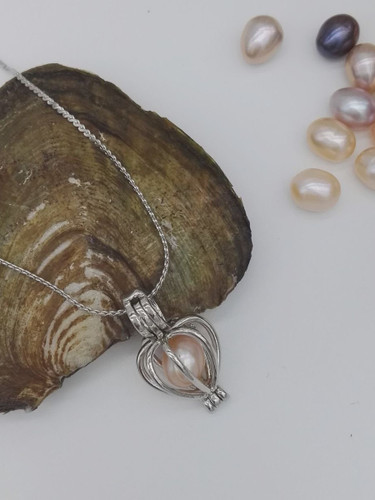 گردنبند مروارید عشق با صدف و زنجیر و پلاک استیل